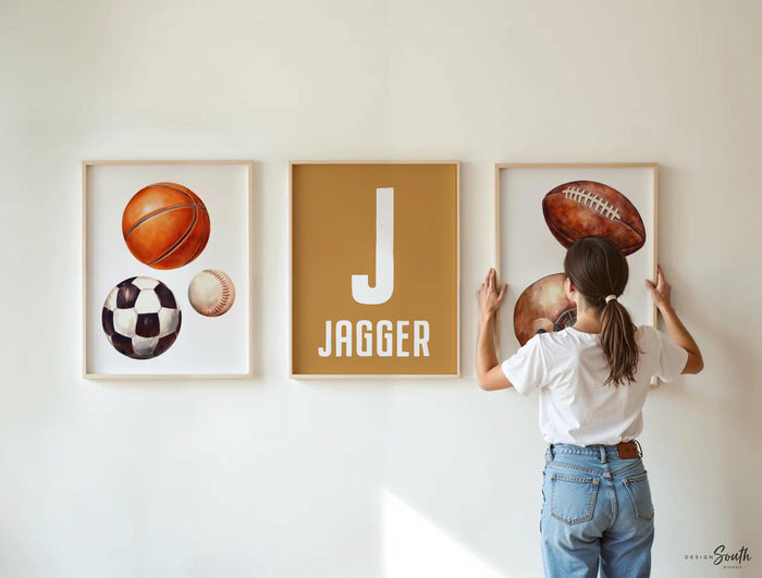 Ochre Yellow Sports Nursery Prints Set of 3, Football Soccer Baseball Basketball Wall Art, Personalized Boy Bedroom Decor Gift