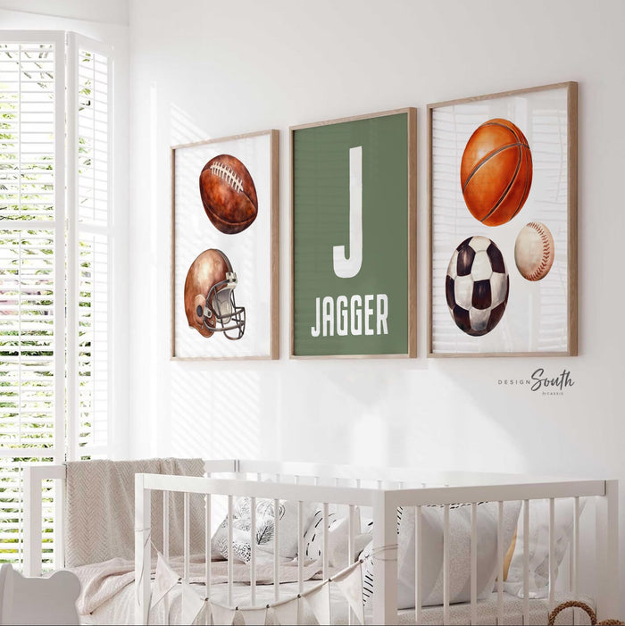 Sports Nursery Wall Art Set of 3, Green Sports Balls Prints, Football Soccer Baseball Basketball, Personalized Name, Boy Room Decor Gift