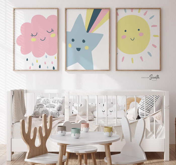 Trendy pastel nursery, shooting star wall art, nursery kids bedroom decor star cloud sun, neutral pastel newborn, sunshine nursery print set