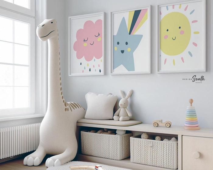Trendy pastel nursery, shooting star wall art, nursery kids bedroom decor star cloud sun, neutral pastel newborn, sunshine nursery print set