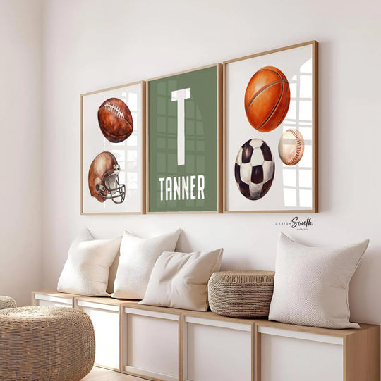 Sports Nursery Wall Art Set of 3, Green Sports Balls Prints, Football Soccer Baseball Basketball, Personalized Name, Boy Room Decor Gift