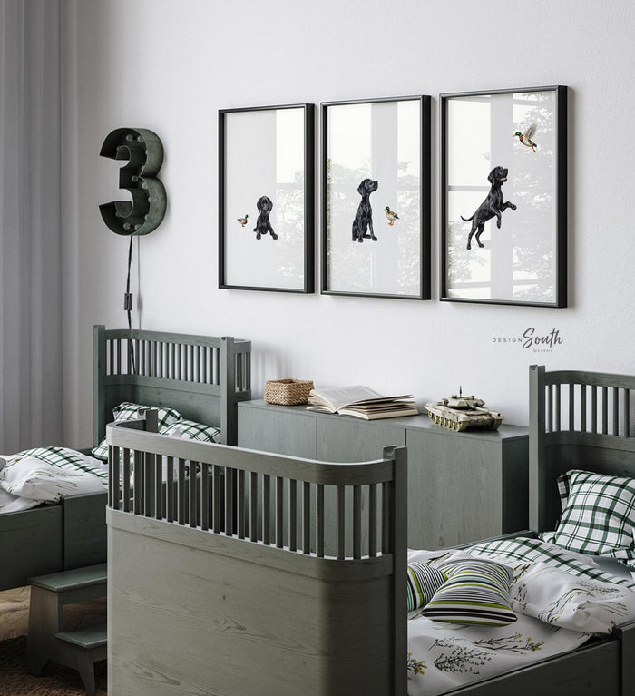 Black Lab Nursery Wall Art Set of 3, Retriever Puppy Duck Hunting Prints, Bird Dog Bedroom Decor for Baby Kids Playroom Gift Black Labradors