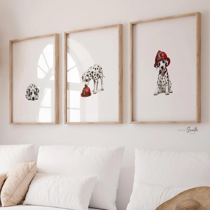 Dalmatian Firefighter Nursery Wall Art, Puppy Prints Red Fire Chief Hat, Fire Truck Fire Dept Theme, Personalized Name Baby Room Decor Gift