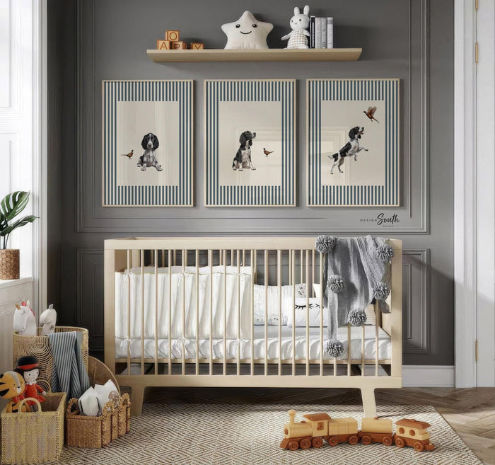 English Springer Spaniel Puppy Art Prints, Pheasant Hunting Dog Decor, Set of 3