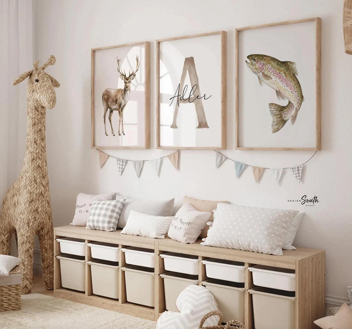 Buck Deer & Rainbow Trout Wall Art Set of 3, Personalized Name Initial Prints, Hunting Fishing Boy Nursery Decor Gift