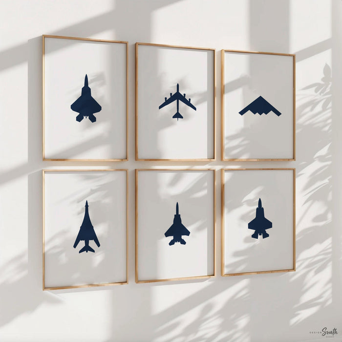 Air Force Airplane Wall Art Set of 6 – Navy Blue Military Jets F15 F22 F35 B1 B2 B52 – Boys Nursery Bedroom Decor