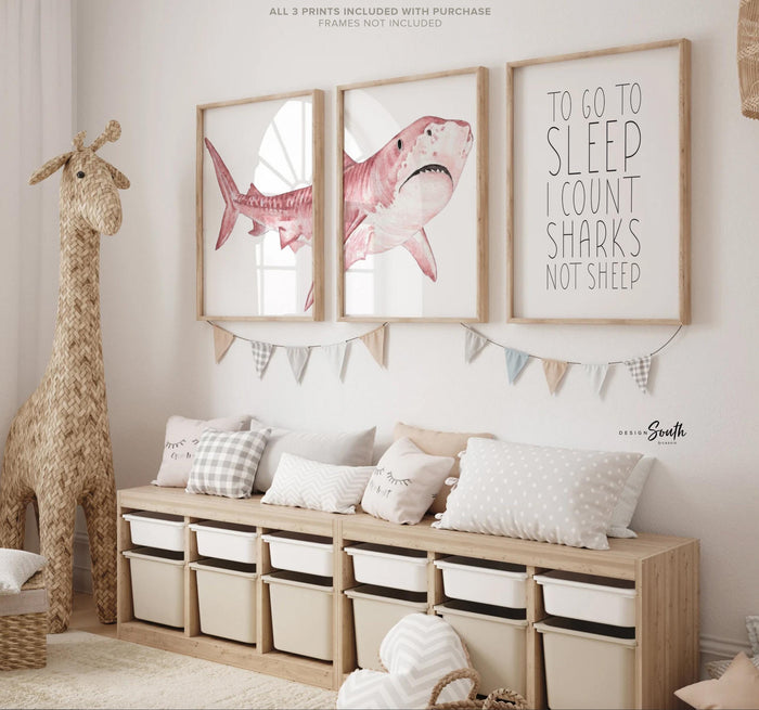 Pink Shark Wall Art Set of 3 for Girl Nursery, Watercolor Shark Prints, Toddler Bedroom Decor Gift for Shark Lover Girl