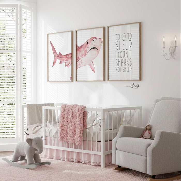 Pink Shark Wall Art Set of 3 for Girl Nursery, Watercolor Shark Prints, Toddler Bedroom Decor Gift for Shark Lover Girl