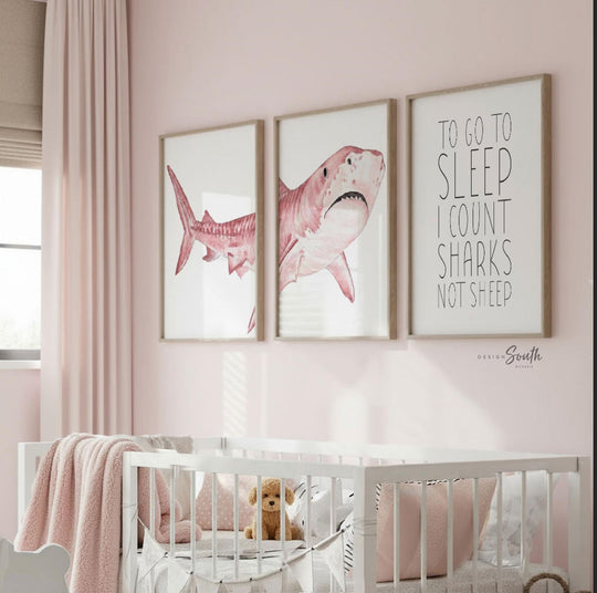 Pink Shark Wall Art Set of 3 for Girl Nursery, Watercolor Shark Prints, Toddler Bedroom Decor Gift for Shark Lover Girl