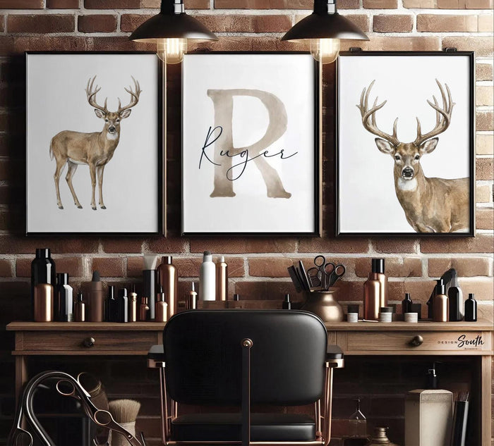 Whitetail Buck Deer Wall Art Set, Personalized Name & Initial Print, Hunting Nursery Decor, Boy Hunter Bedroom Gift