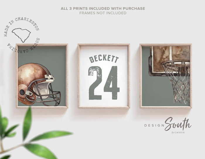 Green Sports Wall Art Set of 3, Personalized Boy Nursery Prints, Football Helmet Basketball Hoop Name & Number Bedroom Decor Gift
