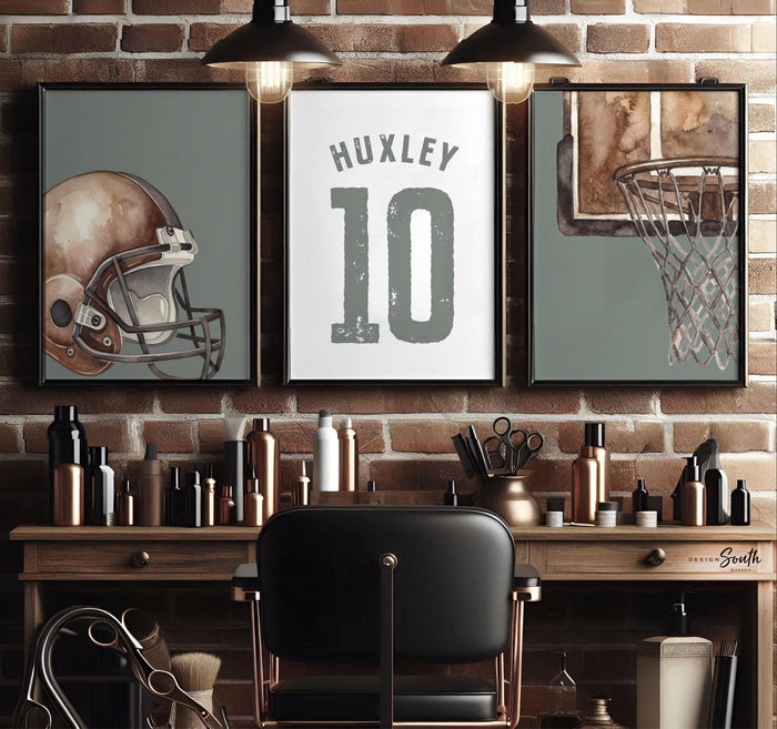 Green Sports Wall Art Set of 3, Personalized Boy Nursery Prints, Football Helmet Basketball Hoop Name & Number Bedroom Decor Gift