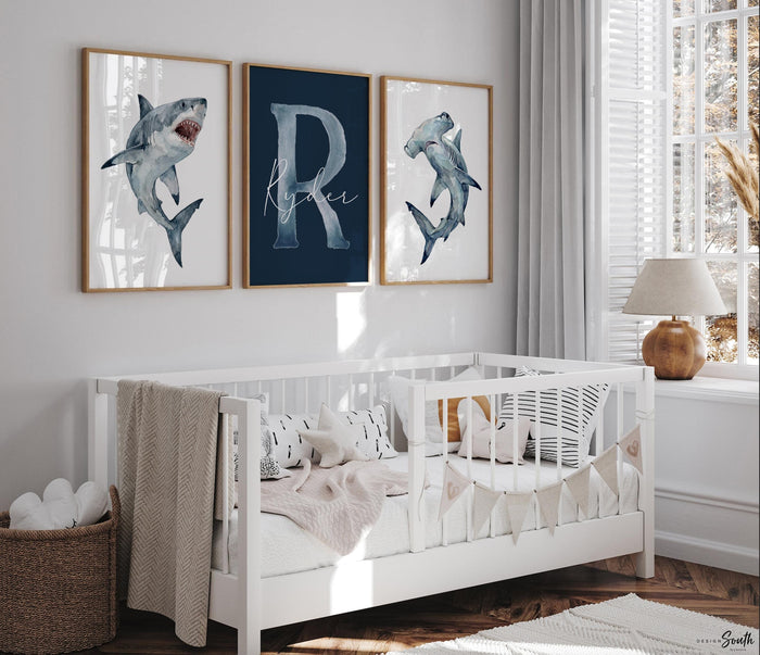 Personalized Shark Wall Art Set of 3, Navy Blue Great White & Hammerhead Shark Prints, Boy Nursery Decor, Shark Bedroom Gift, Kids Room Art