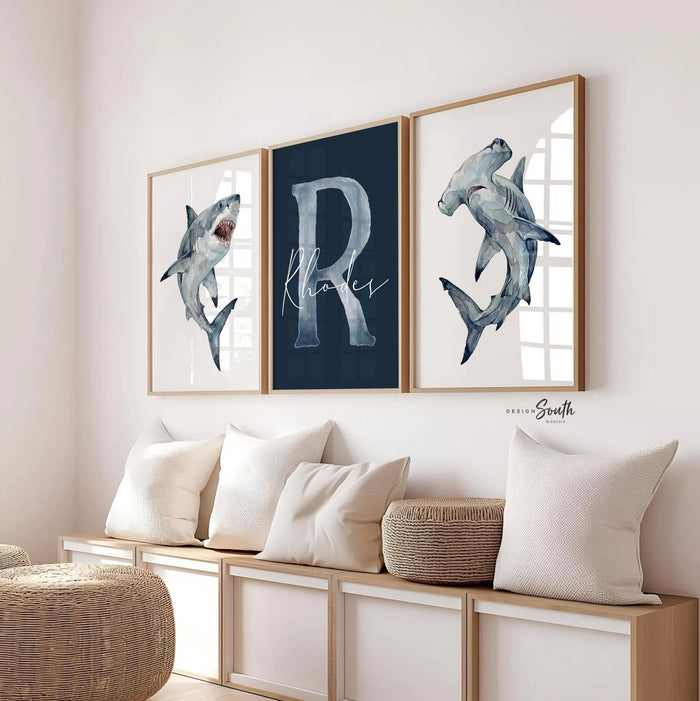 Personalized Shark Wall Art Set of 3, Navy Blue Great White & Hammerhead Shark Prints, Boy Nursery Decor, Shark Bedroom Gift, Kids Room Art