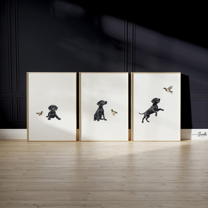 Black Lab Nursery Wall Art Set of 3, Retriever Puppy Duck Hunting Prints, Bird Dog Bedroom Decor for Baby Kids Playroom Gift Black Labradors