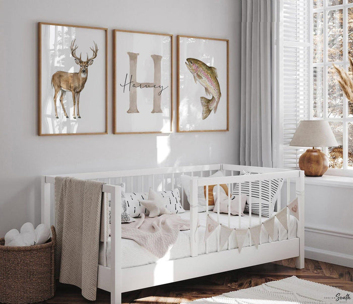 Whitetail Deer and Trout Wall Art Set of 3, Personalized Name and Initial, Hunting Fishing Nursery Decor, Boy Room Gift for Hunter