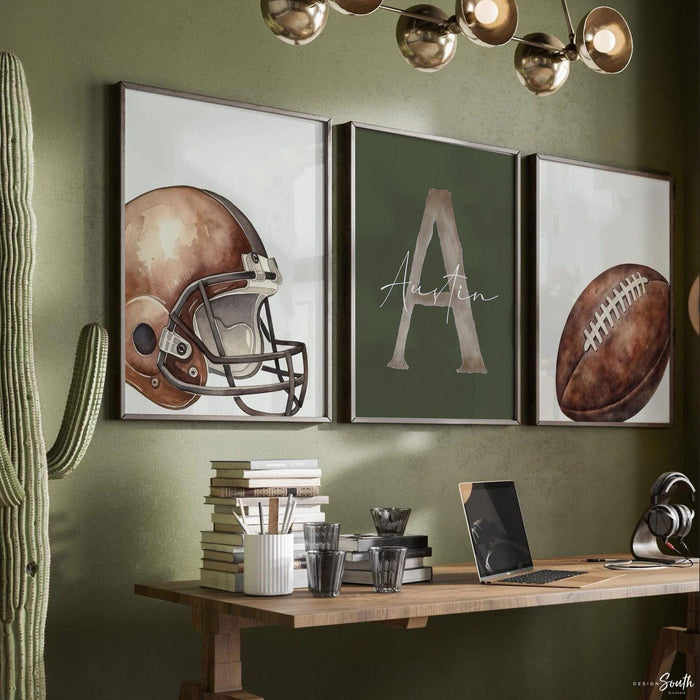 Green Football Wall Art Set of 3, Personalized Name and Initial, Football Helmet Nursery Decor, Boy Room Sports Lover Gift