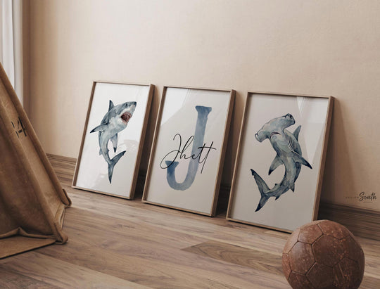 blue shark nursery, shark name print, ocean wall decor, sea life artwork, shark themed bedroom, custom shark gift, nautical boy room, underwater nursery, marine life decor, toddler shark room, shark playroom art, personalized ocean art, shark baby shower gift