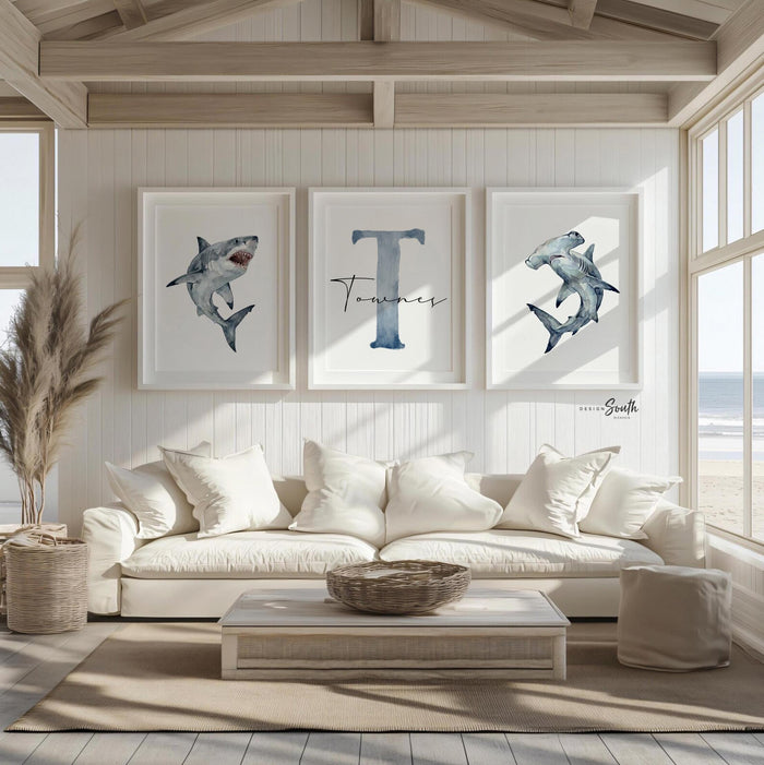 Navy Shark Wall Art Set of 3, Personalized Boy Name Prints, Great White and Hammerhead Nursery Decor, Ocean Bedroom Art