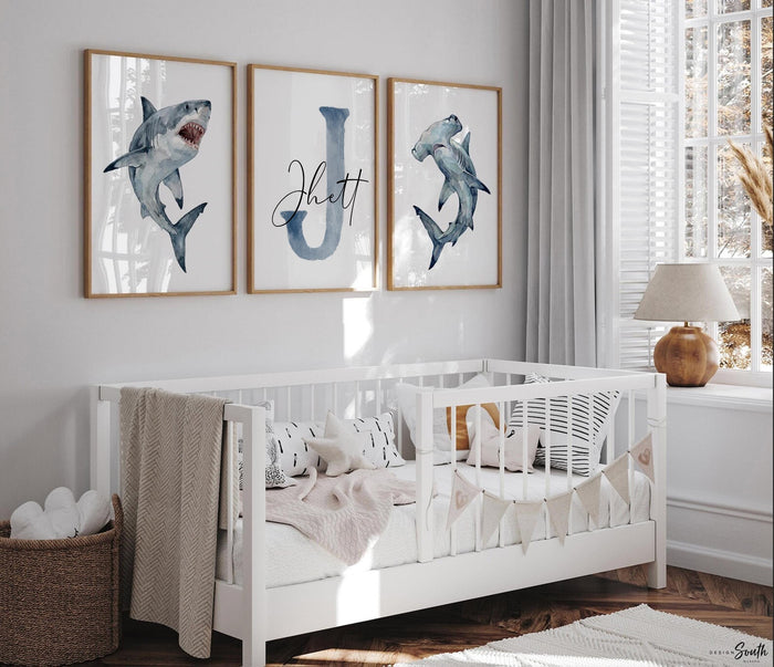 Navy Shark Wall Art Set of 3, Personalized Boy Name Prints, Great White and Hammerhead Nursery Decor, Ocean Bedroom Art