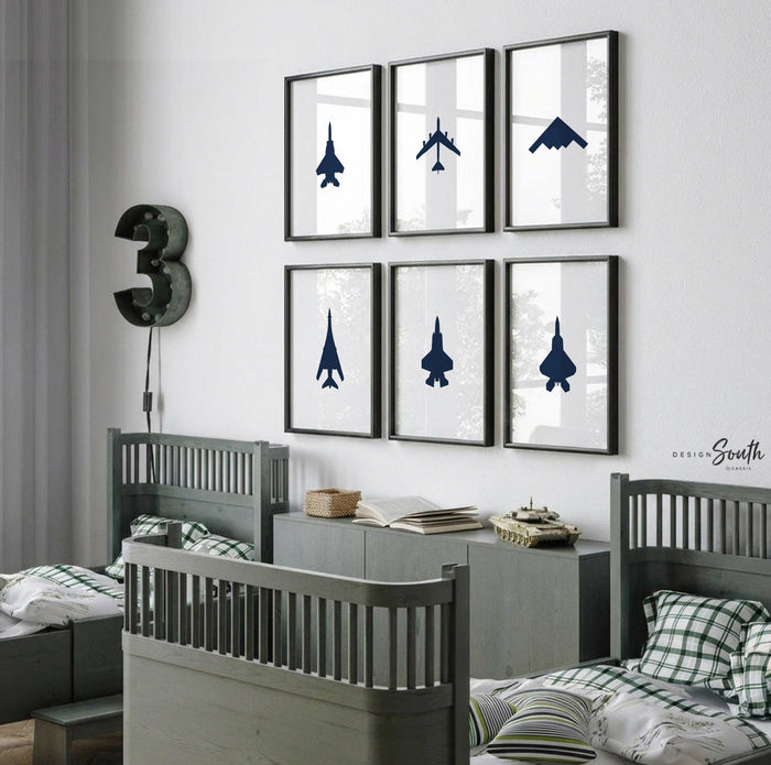 Air Force Airplane Wall Art Set of 6 – Navy Blue Military Jets F15 F22 F35 B1 B2 B52 – Boys Nursery Bedroom Decor
