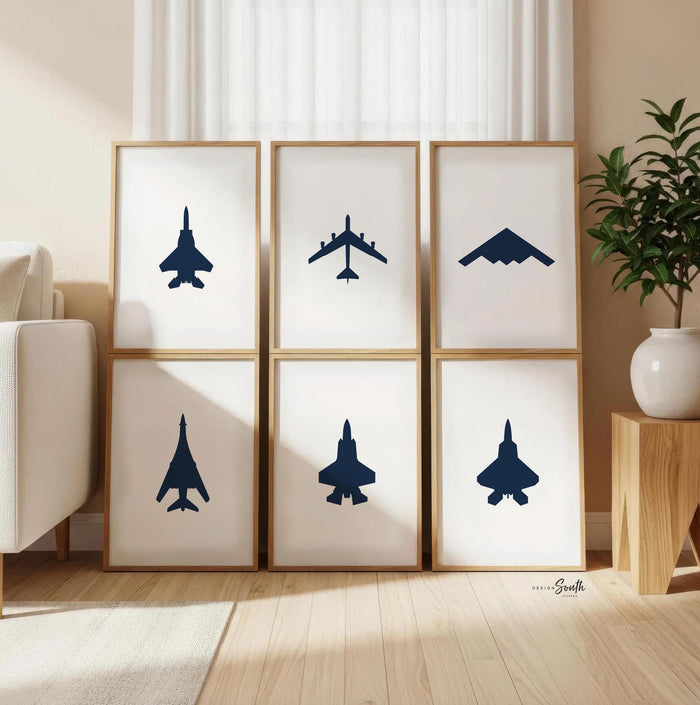 Air Force Airplane Wall Art Set of 6 – Navy Blue Military Jets F15 F22 F35 B1 B2 B52 – Boys Nursery Bedroom Decor
