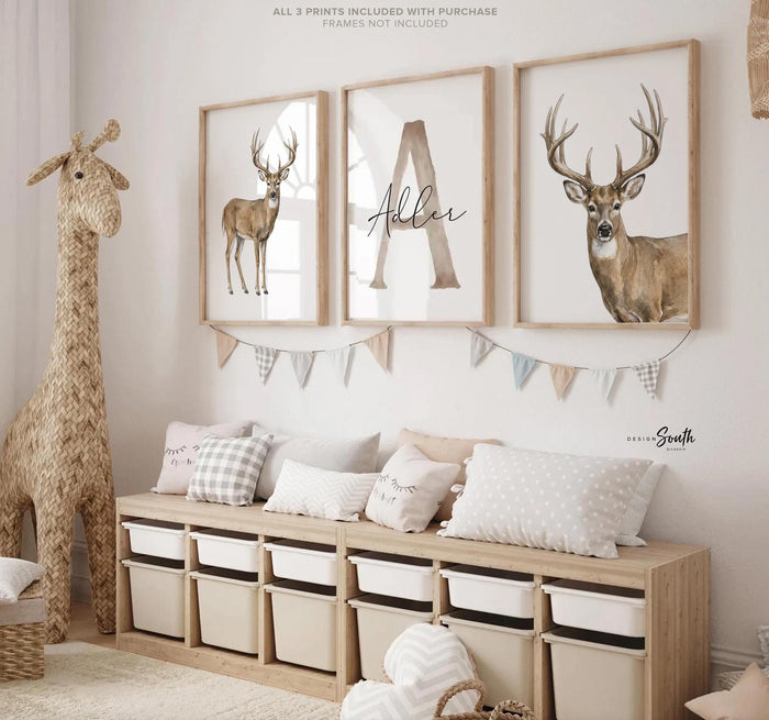 Whitetail Buck Deer Wall Art Set, Personalized Name & Initial Print, Hunting Nursery Decor, Boy Hunter Bedroom Gift