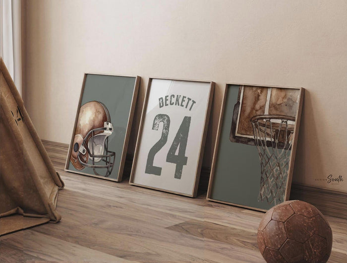 Green Sports Wall Art Set of 3, Personalized Boy Nursery Prints, Football Helmet Basketball Hoop Name & Number Bedroom Decor Gift