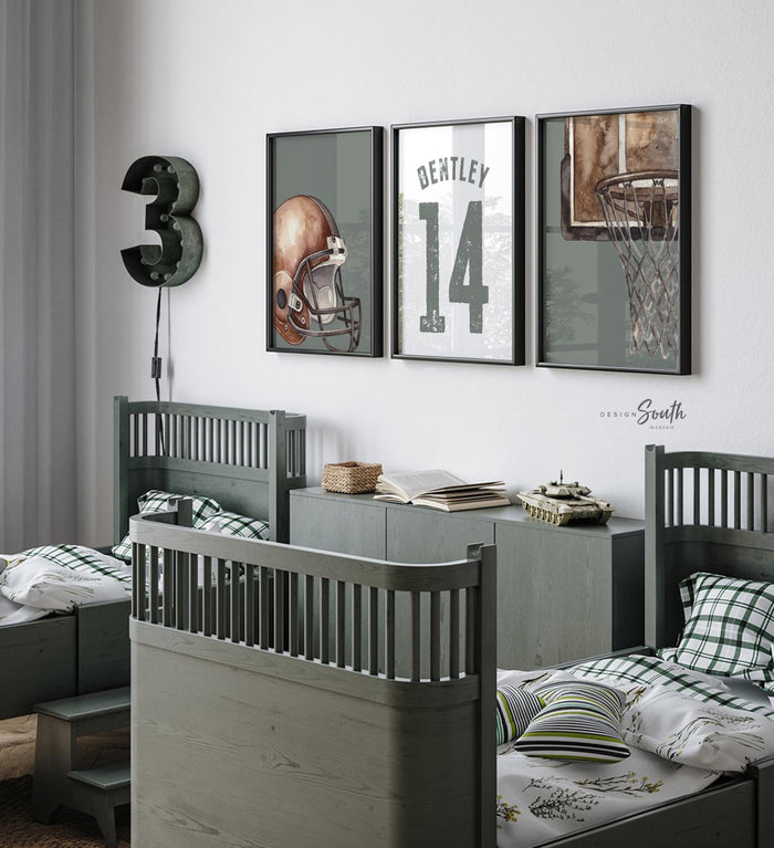 Green Sports Wall Art Set of 3, Personalized Boy Nursery Prints, Football Helmet Basketball Hoop Name & Number Bedroom Decor Gift