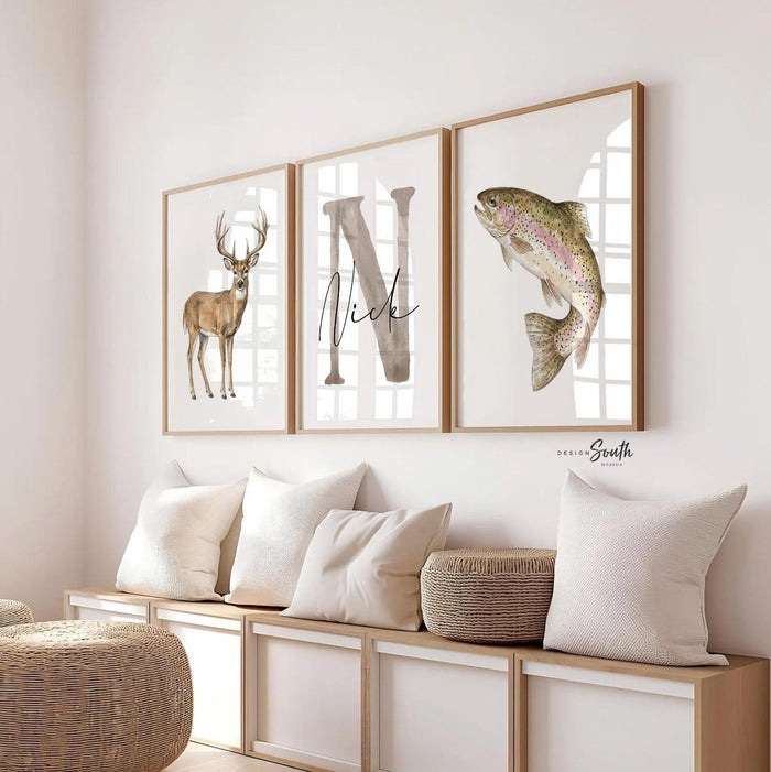 Whitetail Deer and Trout Wall Art Set of 3, Personalized Name and Initial, Hunting Fishing Nursery Decor, Boy Room Gift for Hunter