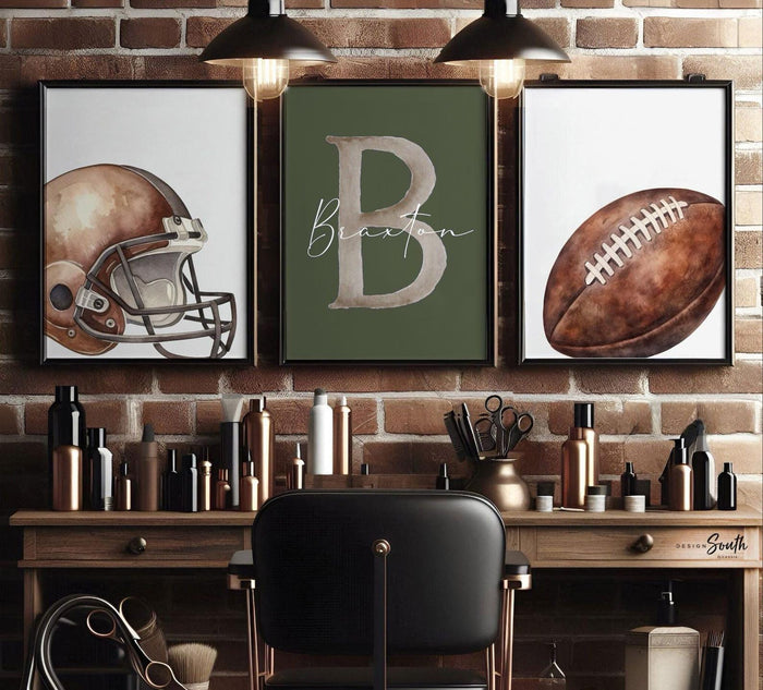 Green Football Wall Art Set of 3, Personalized Name and Initial, Football Helmet Nursery Decor, Boy Room Sports Lover Gift