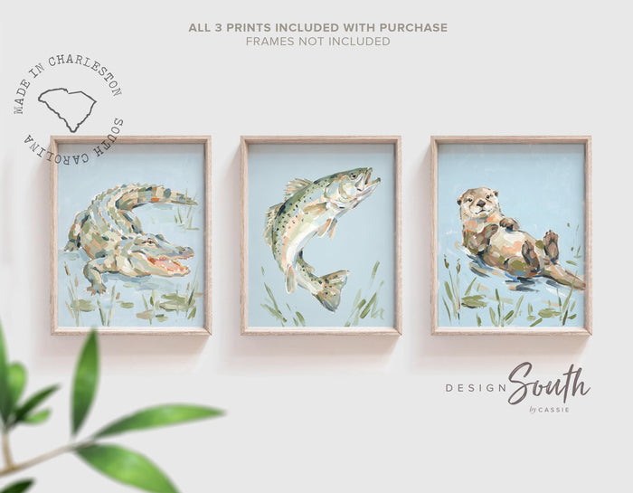 Otter Alligator Trout Nursery Wall Art Set of 3, Southern Marsh Wildlife Decor, Baby Boy Nursery Prints, River Animals
