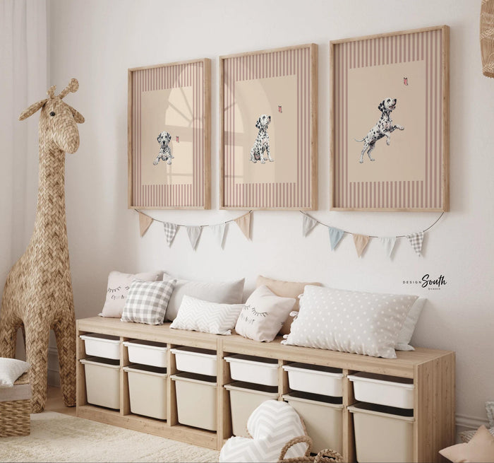 Dalmatian Puppy Nursery Wall Art Set of 3, Pink Butterfly Girl Nursery Decor, Personalized Baby Girl Bedroom, Playroom Prints