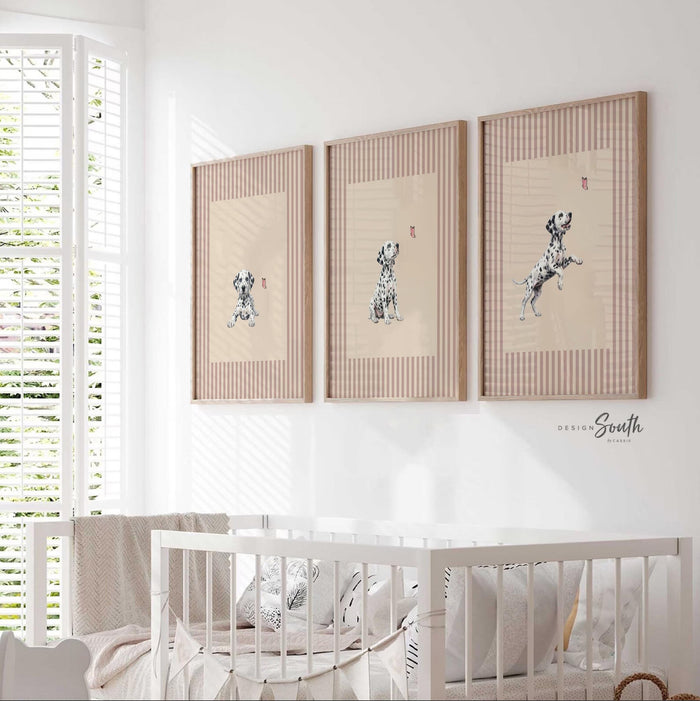 Dalmatian Puppy Nursery Wall Art Set of 3, Pink Butterfly Girl Nursery Decor, Personalized Baby Girl Bedroom, Playroom Prints