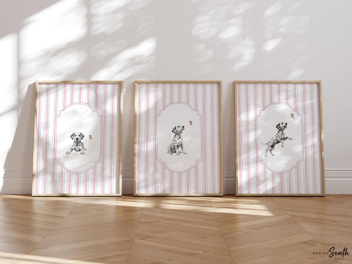 Dalmatian Puppy Girl Nursery Wall Art Set of 3, Pink Butterfly Nursery Decor, Baby Girl Bedroom Prints, Dalmatian Gift
