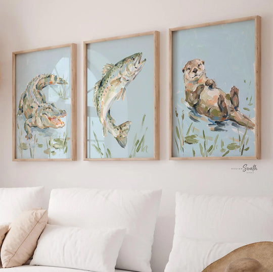 Otter Alligator Trout Nursery Wall Art Set of 3, Southern Marsh Wildlife Decor, Baby Boy Nursery Prints, River Animals