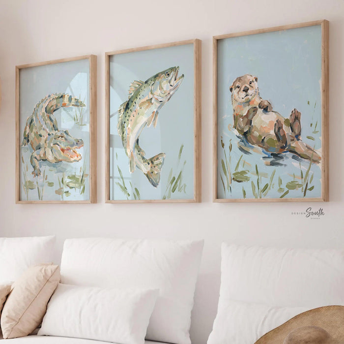Otter Alligator Trout Nursery Wall Art Set of 3, Southern Marsh Wildlife Decor, Baby Boy Nursery Prints, River Animals