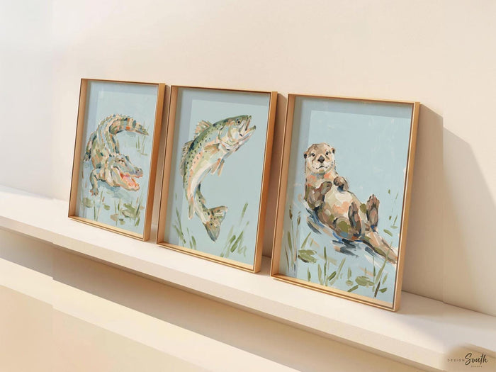 Otter Alligator Trout Nursery Wall Art Set of 3, Southern Marsh Wildlife Decor, Baby Boy Nursery Prints, River Animals