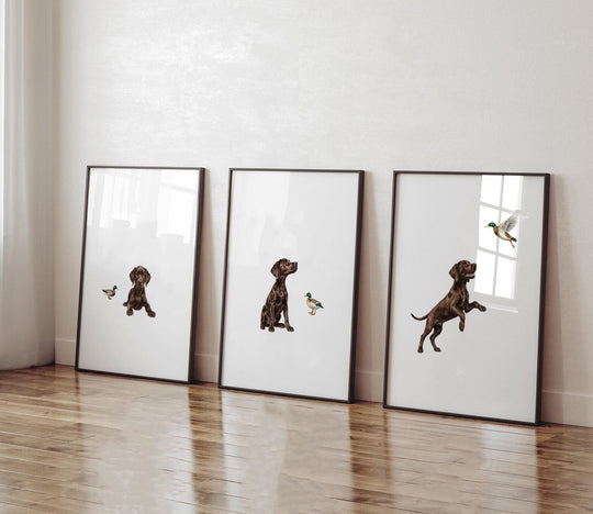 Chocolate Lab Puppy Nursery Wall Art Set of 3, Labrador Retriever & Mallard Duck Prints, Hunting Dog Nursery Decor, Gun Dog Gift