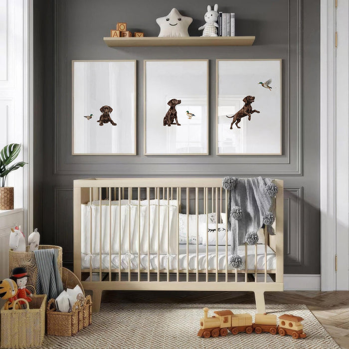 Chocolate Lab Nursery Wall Art — Labrador & Mallard Duck, Set of 3
