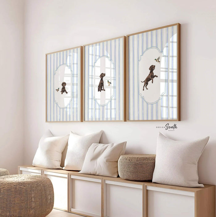 Chocolate Lab Puppy Wall Art Set of 3, Baby Blue Nursery Decor, Whimsical Striped Labrador Prints, Mallard Duck Hunting Boy Room Gift