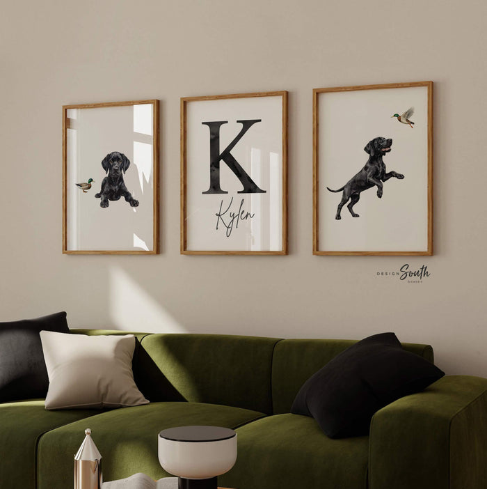 Black Labrador Retriever Nursery Wall Art Set of 3, Personalized Monogram Name Prints, Mallard Duck Bird Dog Decor, Hunting Nursery