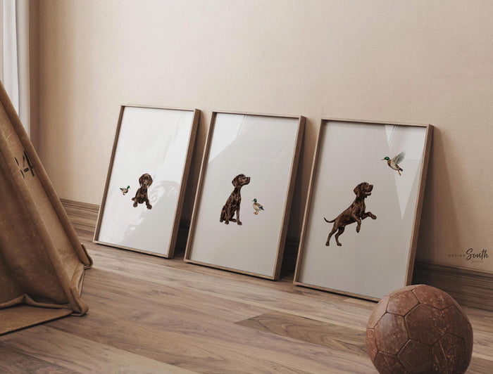 Chocolate Lab Nursery Wall Art — Labrador & Mallard Duck, Set of 3