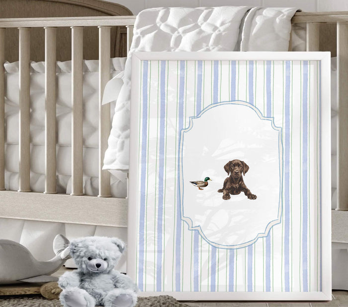 Chocolate Lab Puppy Wall Art Set of 3, Baby Blue Nursery Decor, Whimsical Striped Labrador Prints, Mallard Duck Hunting Boy Room Gift