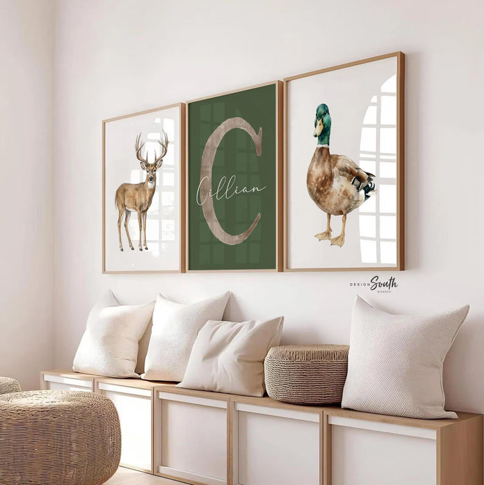 Personalized Hunting Nursery Wall Art, Buck Deer & Mallard Duck Set of 3, Custom Boy Name Print, Woodland Baby Shower Gift