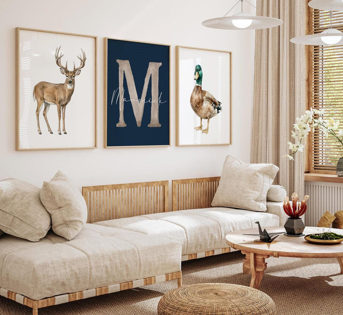 Personalized Hunting Nursery Wall Art Set of 3, Whitetail Deer Mallard Duck Prints, Navy Blue Boy Nursery, Custom Name & Initial Decor