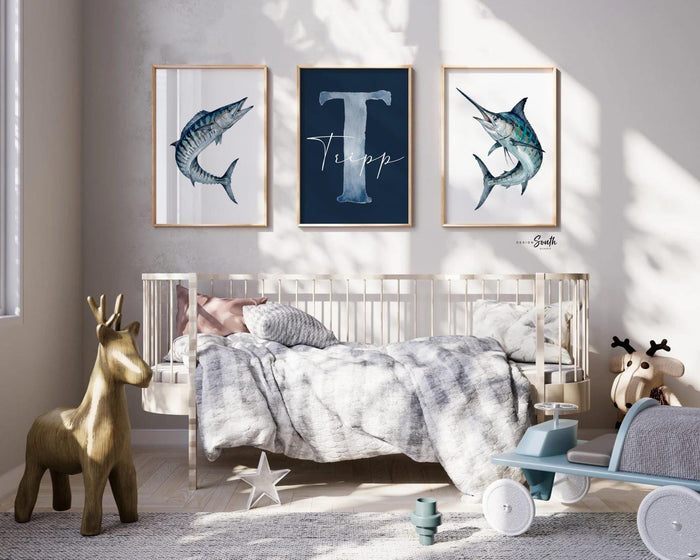 Blue Marlin & Wahoo Nursery Wall Art Set of 3, Personalized Boy Fishing Prints, Navy Saltwater Fish Decor Offshore Sportfishing Art