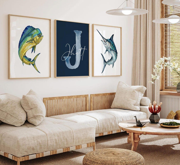 Blue Marlin & Yellowfin Tuna Nursery Wall Art Set of 3, Personalized Boy Fishing Prints, Navy Saltwater Fish Decor Offshore Sportfishing Art