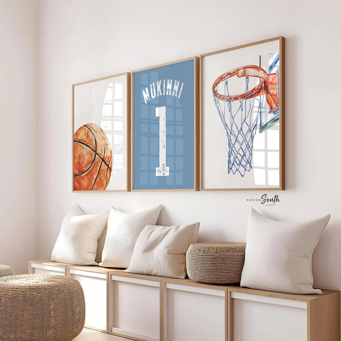 Basketball Wall Art Set of 3, Personalized Boys Basketball Nursery Decor, Blue Basketball Prints, Name Number Jersey, Little Baller Room Art