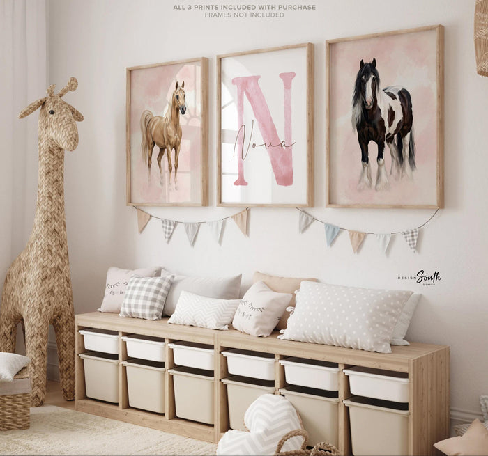Personalized Horse Wall Art Set of 3, Girls Horse Nursery Decor, Palomino & Gypsy Vanner Prints, Pink Monogram Equestrian Room Art